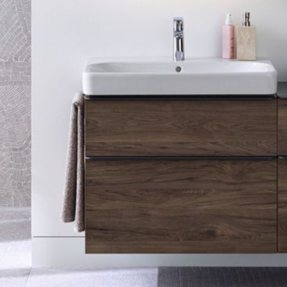 Product Lifestyle image of Geberit Smyle Square 750mm Hickory Vanity Unit Cabinet and Basin - 500.353.JR.1/500.249.01.1